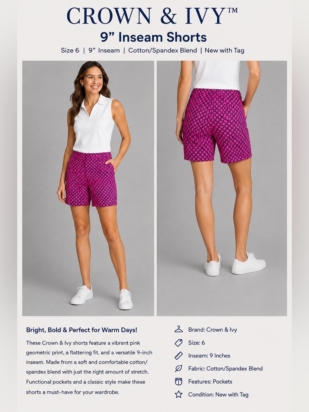 Crown & Ivy Pink Geometric Print Bermuda Shorts Size 6 ~ 9” Inseam NWT